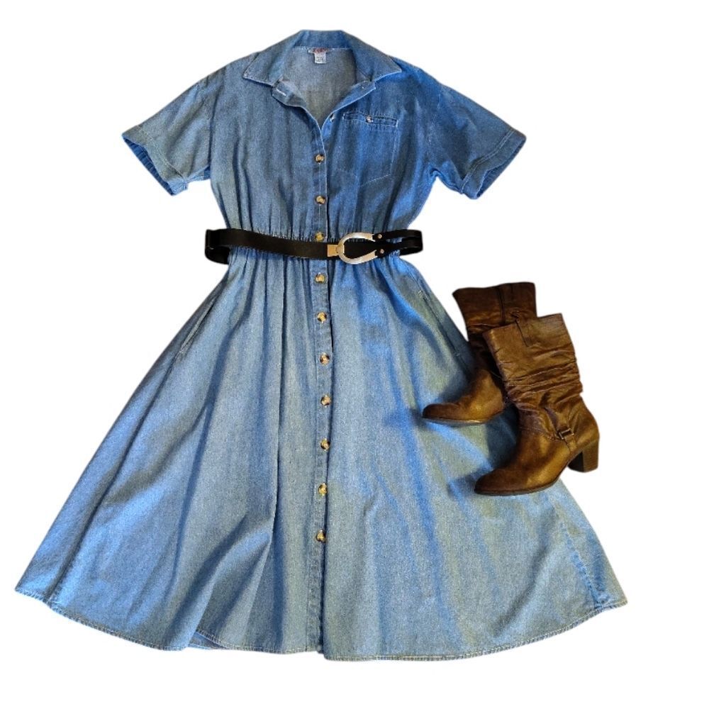 VTG 90s Blue Denim Button Front Short Sleeve Jean Midi Dress SZ Medium - Picture 2 of 13